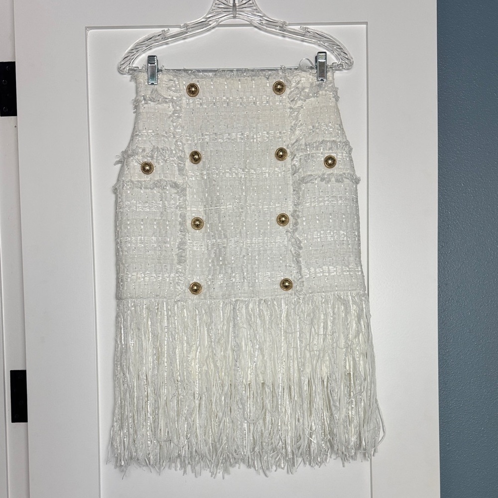 Balmain White Tweed Mini Skirt with Gold Buttons and Fringe
